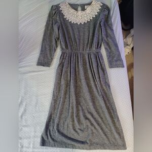 Periwinkle Grey lace collar Cottagecore Feminine Modest Dress size 16 vintage